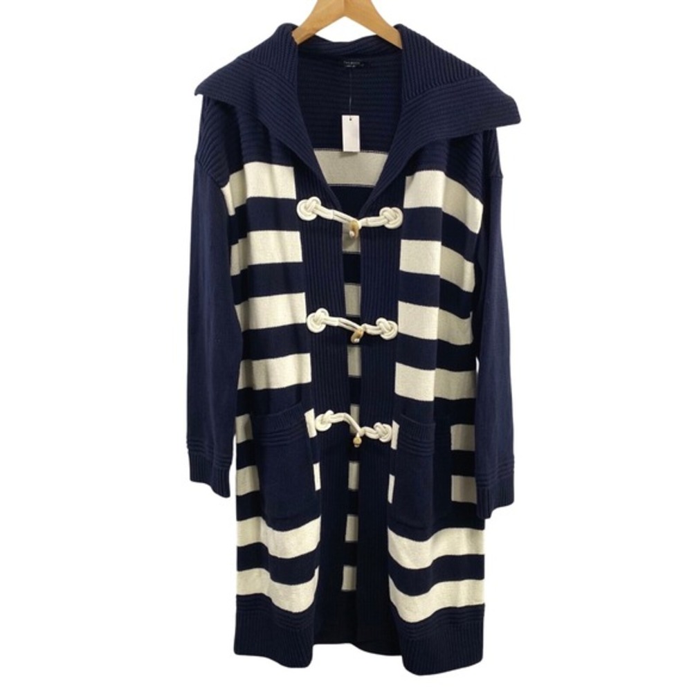 Talbots Womens Stripe Cable Knit Coatigan sz M NWT Blue/Ivory Toggle 100% Cotton